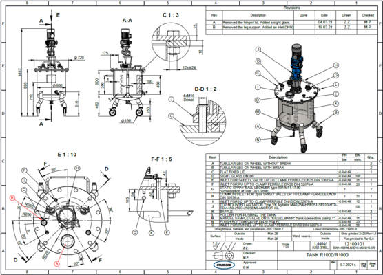 5 x neue vertikale Mischtanks aus Edelstahl AISI316L, 3 x 140 L und 2 x 160 L.