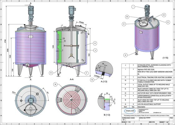 1 x New vertical mixing tanks in AISI 316 stainless steel of 1330L with electrical heating