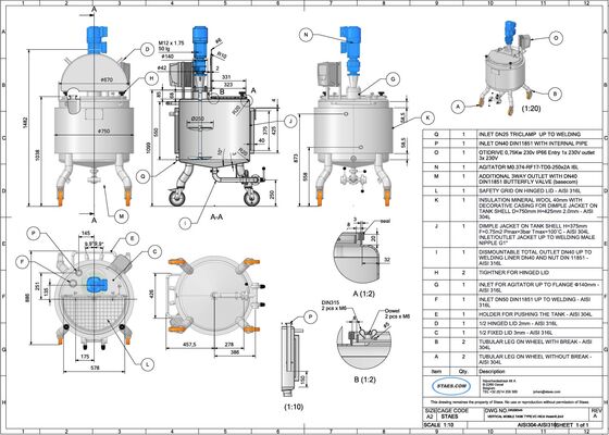 1 x New 200L vertical stainless steel AISI316L mixing tank with heating jacket and insulation.