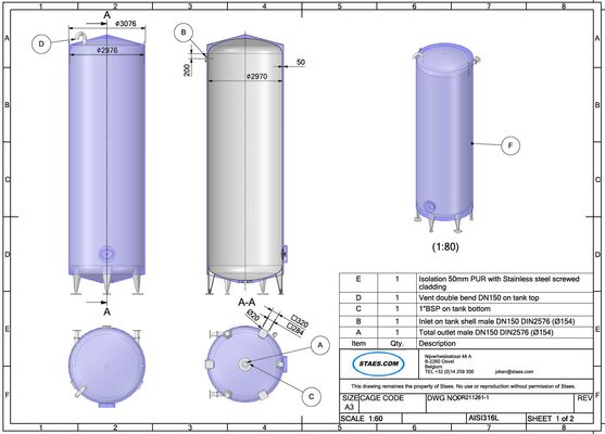 2 x second-hand stainless steel AISI 316 insulated storage tanks with a capacity of 50,000L