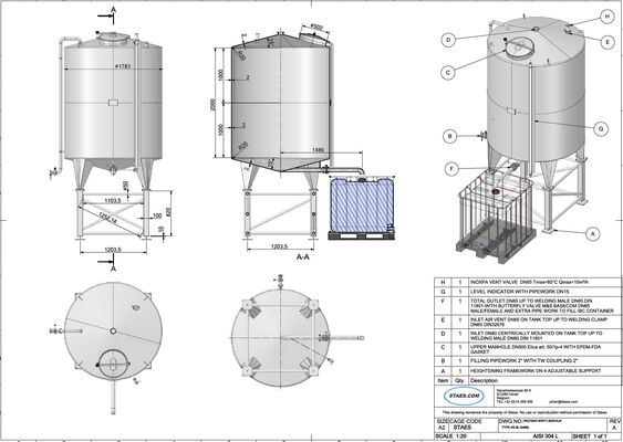 2 x neue vertikale Lagertanks aus Edelstahl AISI 304L von 5.400L auf einer Edelstahlkonstruktion.