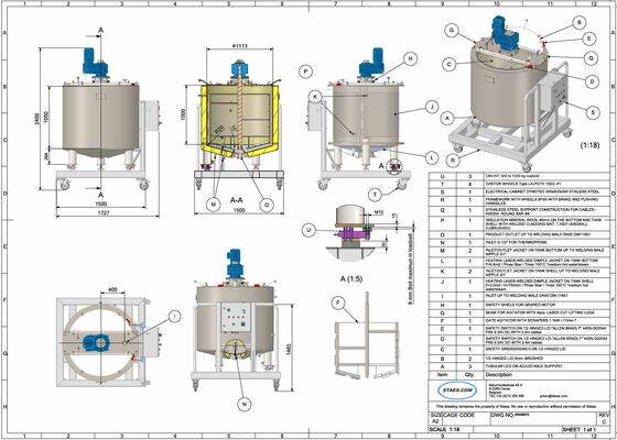 1 x Nieuwe roestvrijstalen verticale mengtank van 1000L in AISI304L