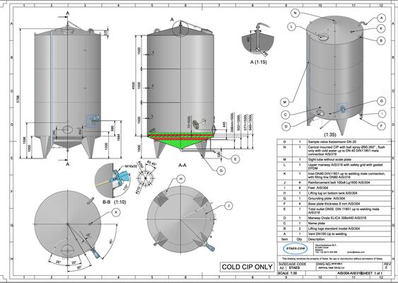 5 x 32.000 l vertikale einwandige Lagertanks AISI 316 mit seitlichem Rührwerk