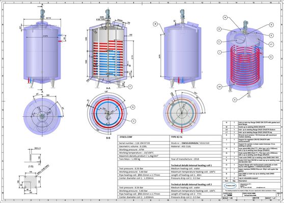 Stainless Steel AISI316 mixing tank 8100L with a double heating coil inside the tank. The tank is insulated with rockwool and cladded with aluminium.