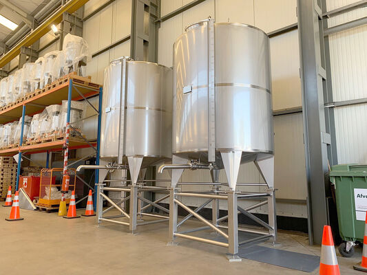 2 x New Stainless Steel AISI 304L Vertical Storage Tanks of 5,400L on a stainless steel construction.