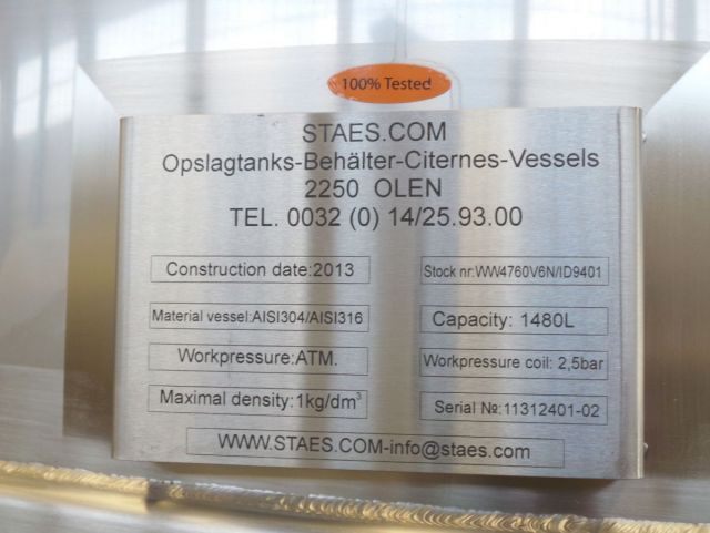 2 x 1.48m³ AISI316; roestvrijstalen smelttanks; vertikaal; warmtewisselaar; conisch