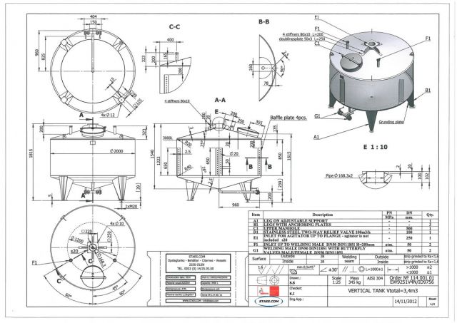 1 x 3.4m³ AISI304; cuves de stockage inoxydable; vertical; simple paroi
