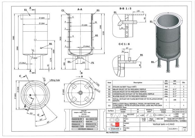 1 x 2.4m³- 20 US bbl - 634 US gal - AISI304 stainless-steel melting tank & 1 x 1.8m³ - 15 US bbl - 475 US gal - AISI304 stainless-steel mixing tank