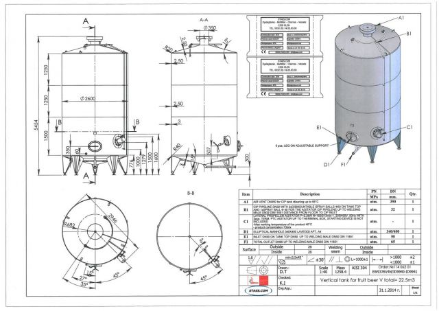 2 x 22.5m³ - 188 US bbl - 5940 US gal - AISI304; stainless-steel storage tanks; vertical; single jacket