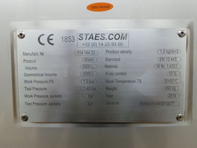 1 x 5.3m³ & 1 x 2.1m³ AISI304 Roestvijstalen druktanks; PED - CE; 10% RX; EN 13445