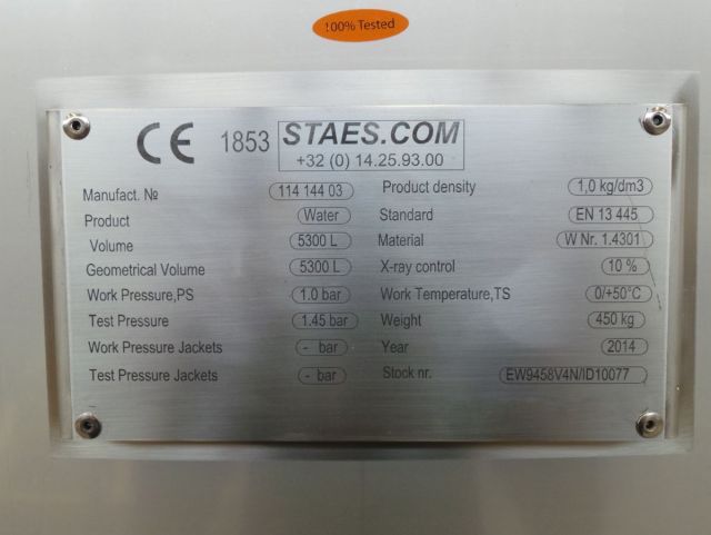 1 x 5.3m³ & 1 x 2.1m³ AISI304 Stainless Steel pressure tanks; PED - CE; 10% RX; EN 13445