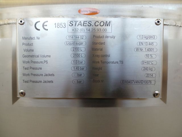 1 x 5.3m³ & 1 x 2.1m³ AISI304 Roestvijstalen druktanks; PED - CE; 10% RX; EN 13445