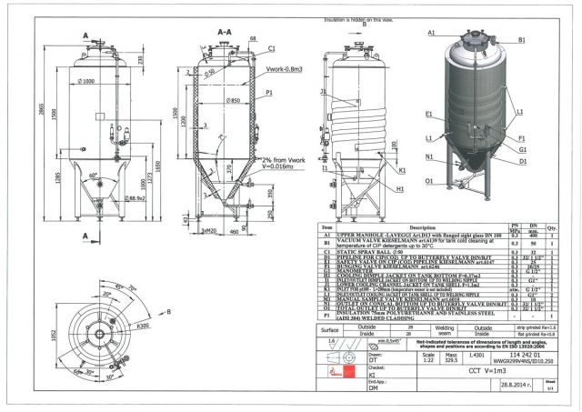 1 x 1m³ AISI304; CCT bier fermentatie tanks; PED CE TüV; 10% Rx