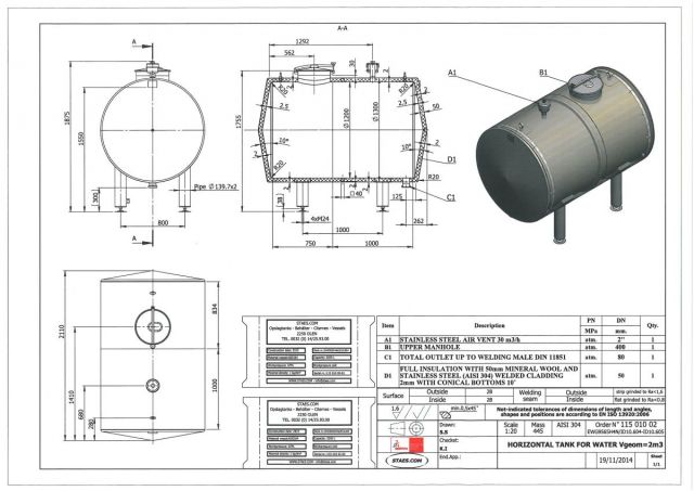 2 x 2m³ AISI304; horizontale roestvrijstalen geisoleerde opslagtank