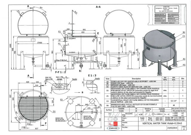 1 x 330L AISI316; roestvrijstalen opslagtank