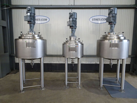 3 x New stainless steel AISI 316L vertical mixing tanks of 30L and 50L. These tanks are equipped with a heat exchanger, insulation and an agitator.