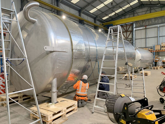 2 x second-hand stainless steel AISI 316 insulated storage tanks with a capacity of 50,000L
