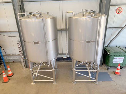 2 x New Stainless Steel AISI 304L Vertical Storage Tanks of 5,400L on a stainless steel construction.