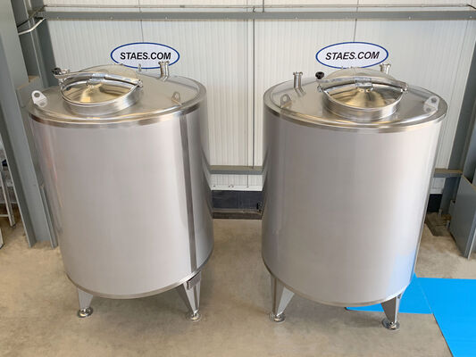 2 x 2,000L stainless steel AISI 304L vertical tanks with insulation and a welded decorative jacket