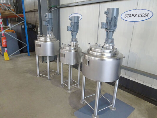 3 x New stainless steel AISI 316L vertical mixing tanks of 30L and 50L. These tanks are equipped with a heat exchanger, insulation and an agitator.