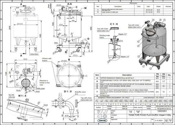 6 x new stainless steel AISI316L mobile mixing tanks with a capacity of 1,100L