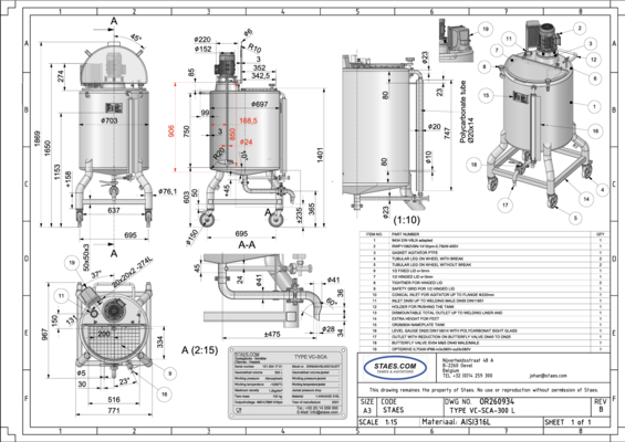 1 x Nieuwe 300 L verticale RVS mengtank in AISI 316L