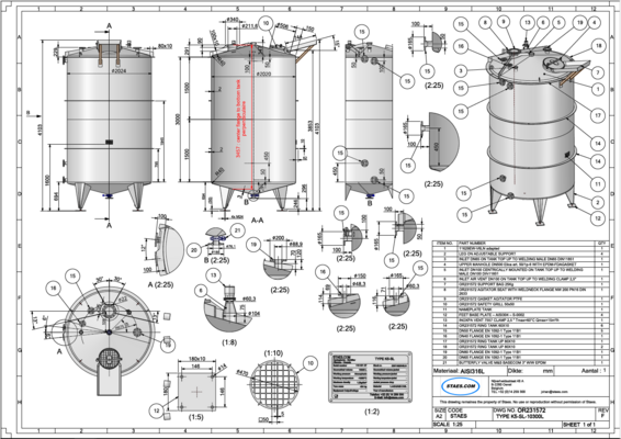 1 x Nieuwe roestvrijstalen verticale mengtank van 10.300L in AISI 316L