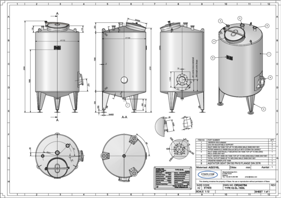 1 x Nieuwe roestvrijstalen verticale mengtank van 1.500L in AISI316L