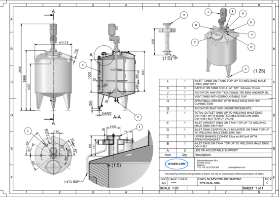 3 x Nouvelles cuves de mélange verticales en acier inoxydable de 1000L en AISI316L