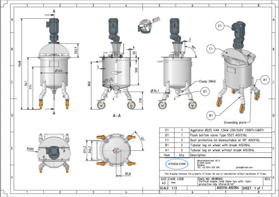 1 x New 100L Stainless Steel Vertical Mixing Tank in AISI316L.