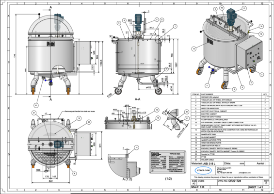 1 x Nieuwe roestvrijstalen verticale mengtank van 500L in AISI316L