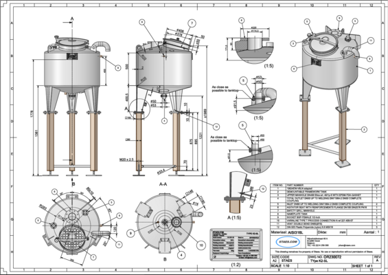 1 x cuve de mélange neuve verticale 340L en acier inoxydable AISI316L.