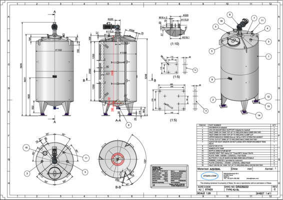 1 x Neuer vertikaler 5.200L Edelstahl-Mischbehälter aus AISI316L