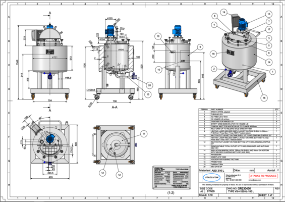 2 x Brand new 100L stainless-steel AISI316L vertical mixing tanks.