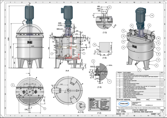 1 x Nieuwe roestvrijstalen verticale mengtank van 500L in AISI316L