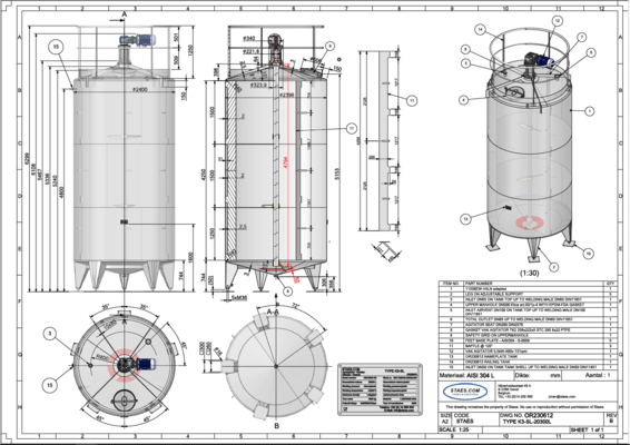 1 x Nieuwe roestvrijstalen verticale mengtank van 20.300L in AISI304L