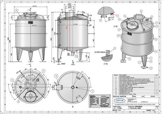 1 x Nieuwe roestvrijstalen verticale mengtank van 1.000L in AISI 316L