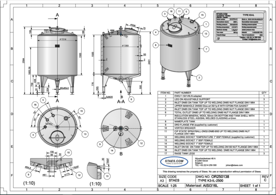 1 x New 2.500L stainless-steel AISI316L vertical storage tank.