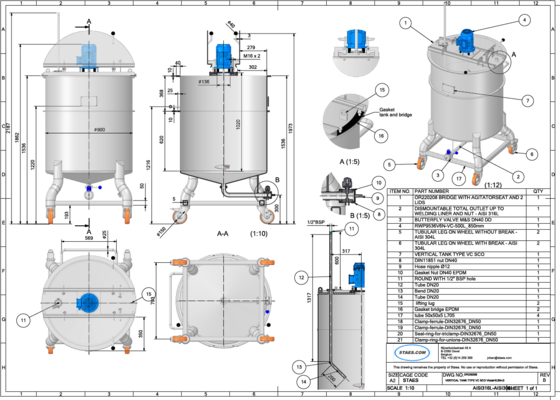 1 x Nieuwe roestvrijstalen verticale mengtank van 650L  in AISI316L