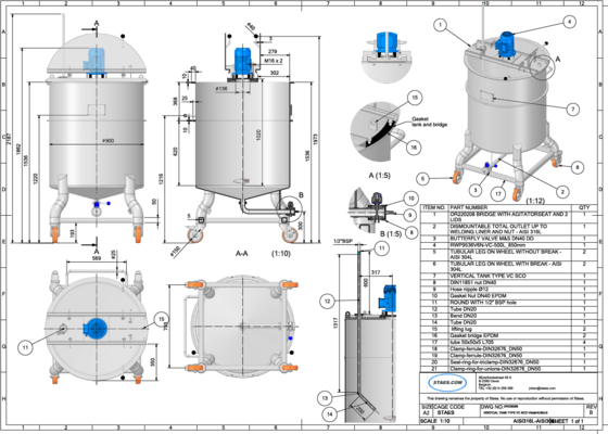 1 x New 650L stainless-steel AISI316L vertical mixing tank.
