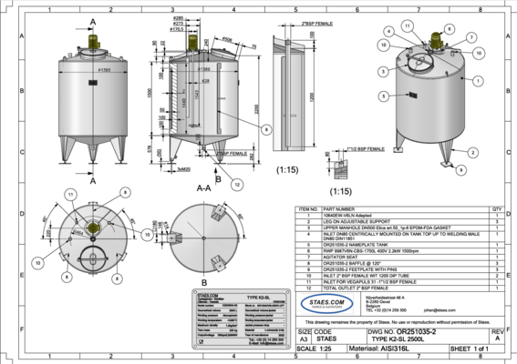 1 x Neuer vertikaler 2.000L Edelstahl-Mischbehälter aus AISI316L  1 x Neuer vertikaler 500L Edelstahl-Mischbehälter aus AISI316L