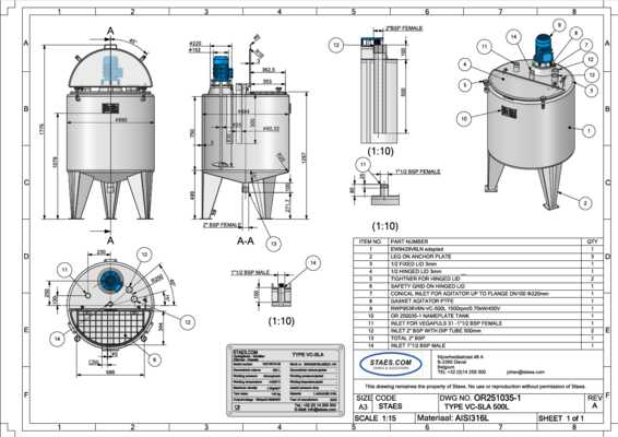 1 x Neuer vertikaler 2.000L Edelstahl-Mischbehälter aus AISI316L  1 x Neuer vertikaler 500L Edelstahl-Mischbehälter aus AISI316L