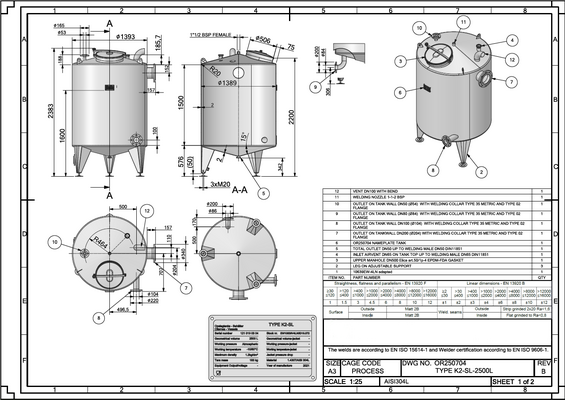 1 x Neuer vertikaler 2.500L Edelstahl AISI316L Lagertank