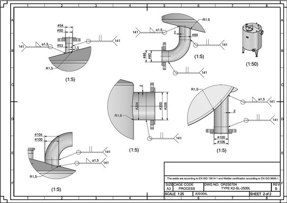1 x Neuer vertikaler 2.500L Edelstahl AISI316L Lagertank