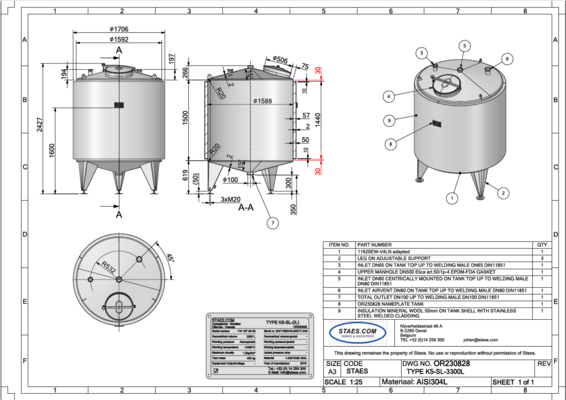1 x Nouvelle cuve de stockage verticale en acier inoxydable AISI316L de 3.300L