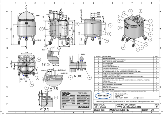 1 x Brand new 500L stainless-steel AISI316L vertical mixing tank.