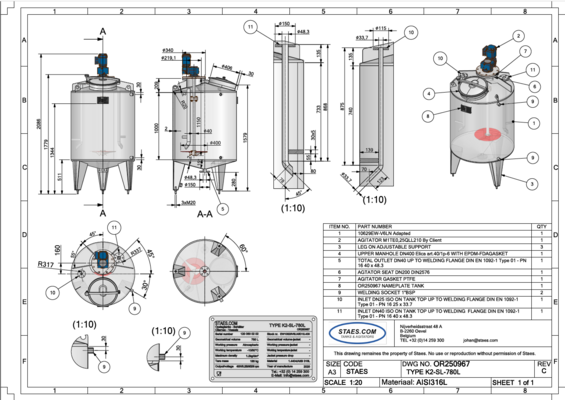 1 x Nouvelle cuve de mélange verticale 780 L en acier inoxydable AISI 316L.