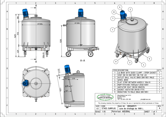 1 x Second hand new 1000L stainless-steel AISI304L vertical mixing tank.