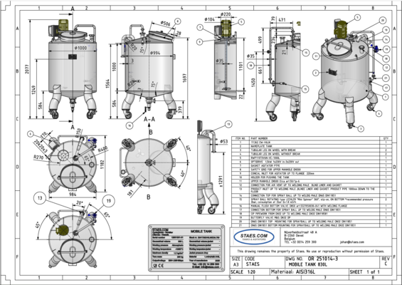1 x Nieuwe roestvrijstalen verticale mengtank van 300L in AISI316L. 1 x Nieuwe roestvrijstalen verticale mengtank van 830L in AISI316L. 1 x Nieuwe roestvrijstalen verticale mengtank van 1000L in AISI316L.
