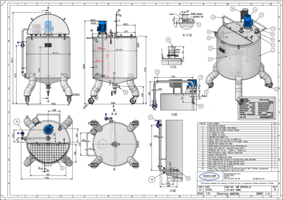 1 x Nieuwe roestvrijstalen verticale mengtank van 300L in AISI316L. 1 x Nieuwe roestvrijstalen verticale mengtank van 830L in AISI316L. 1 x Nieuwe roestvrijstalen verticale mengtank van 1000L in AISI316L.